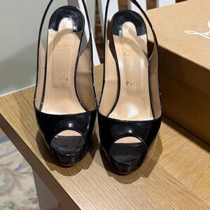Christian Louboutin Black Patent Peep-Toe Slingback Pumps